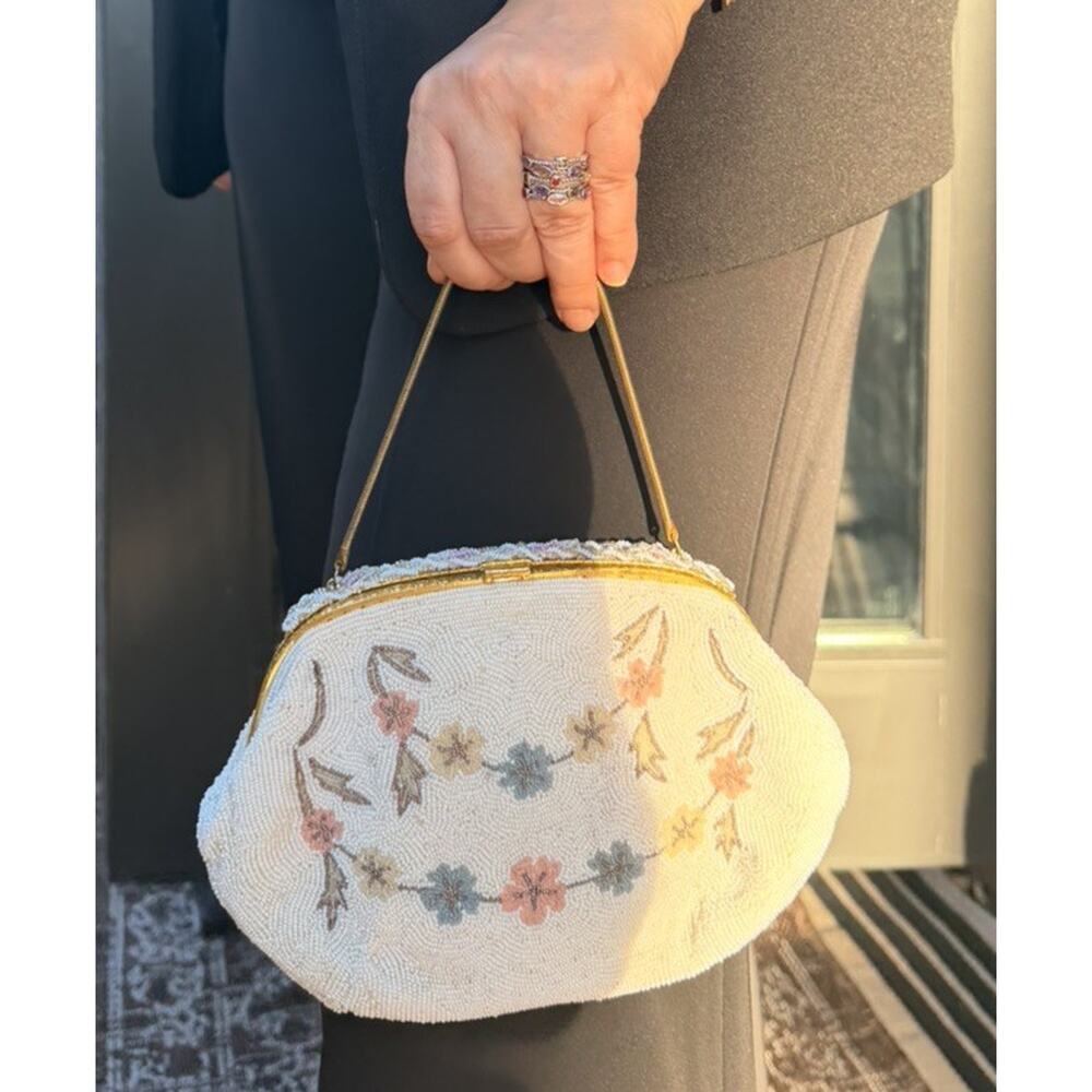 Vintage White Beaded Bag Floral Purse Mid Century Evening Handbag